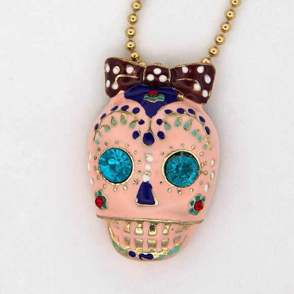 Betsey Johnson Sugar Skull Necklace | Pearl Accent & Rhinestone Eyes | Statement - Picture 2 of 7